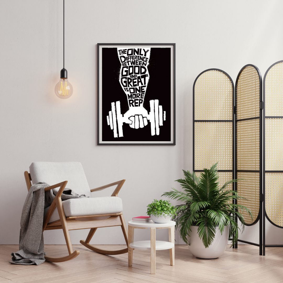 One More Rep – Motivational Gym Quote Framed Poster | Black & White Fitness Wall Art by Chilekotha