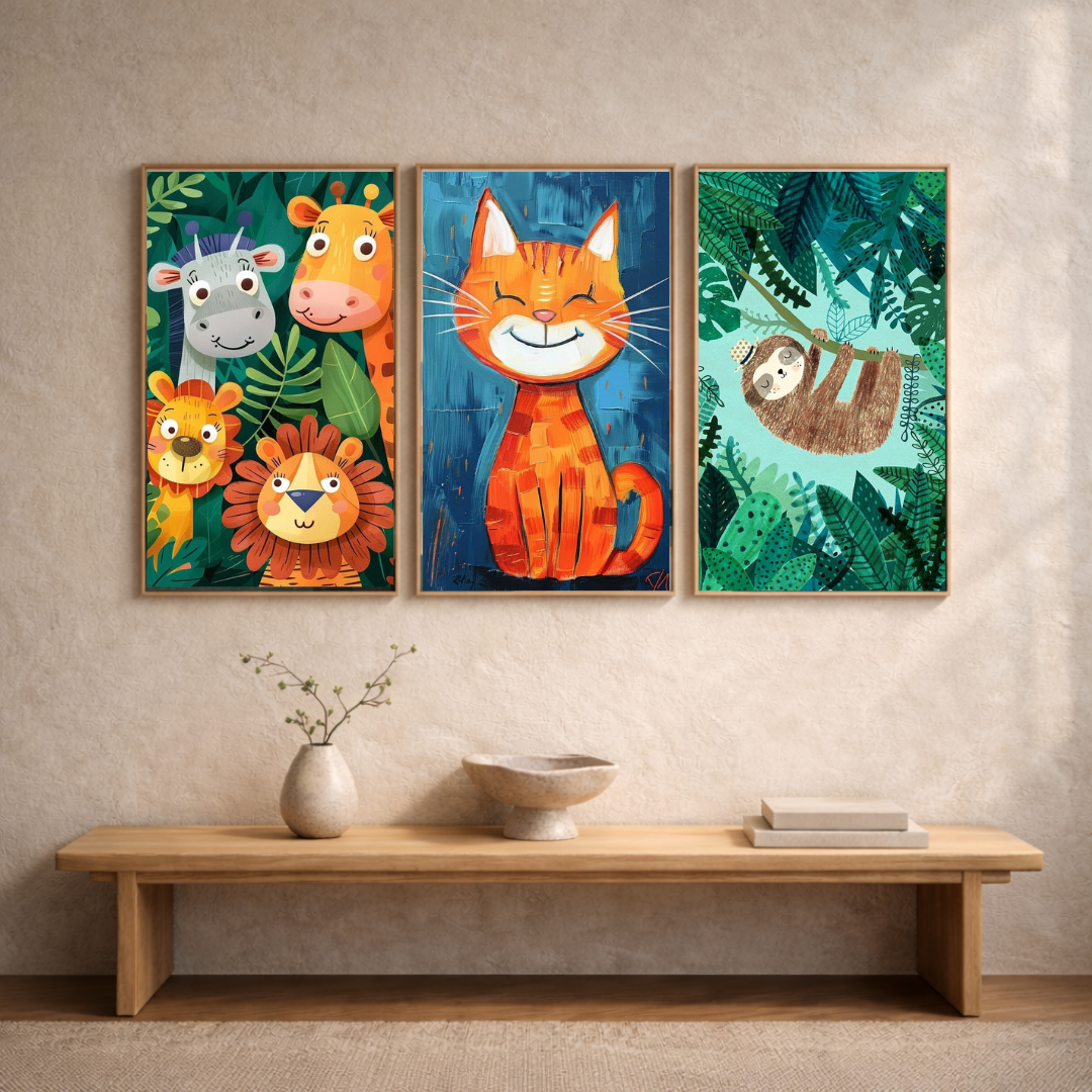 Whimsical Jungle Friends – Kids Wall Art Framed Poster Set (3-Piece Combo)