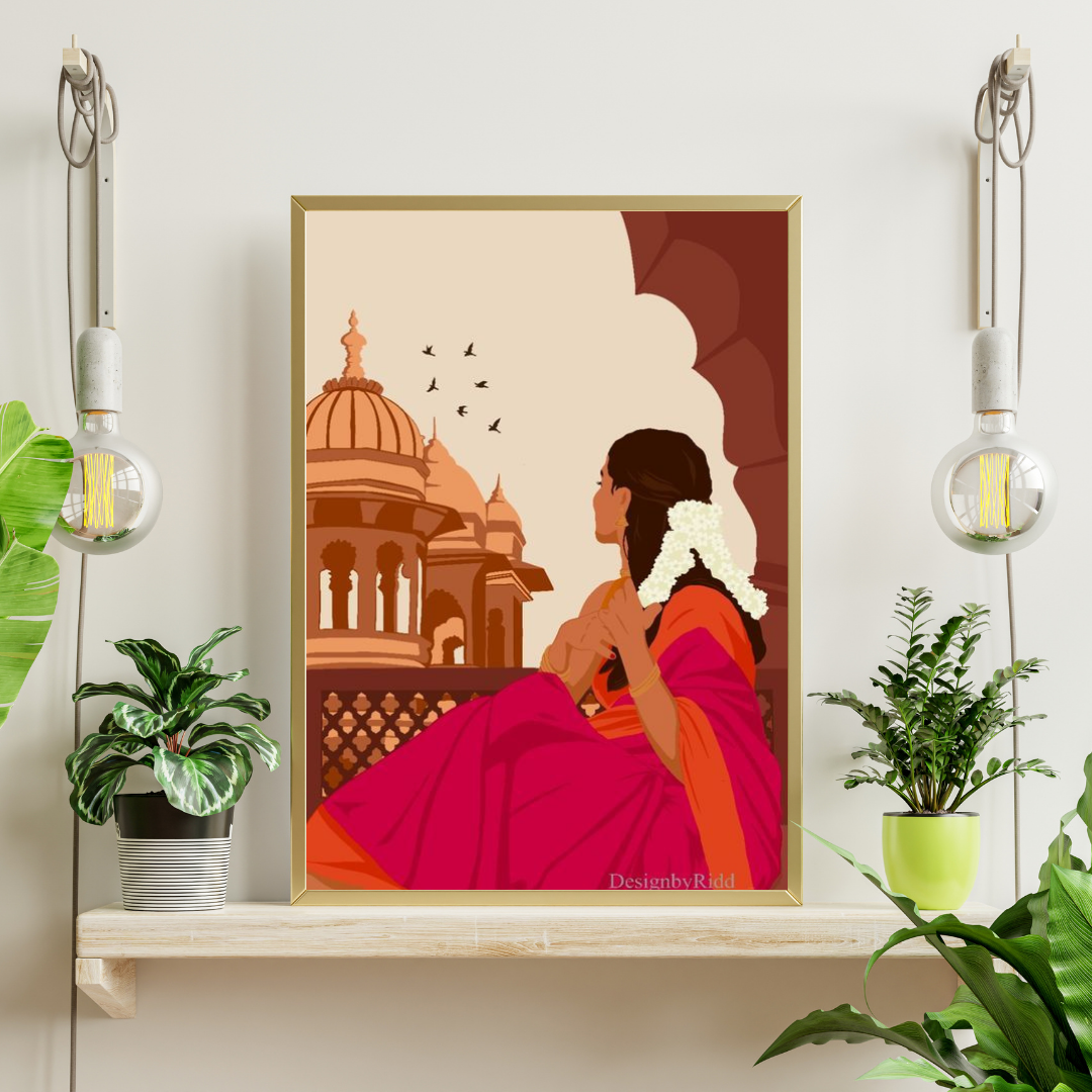Heritage Reverie Framed Poster | Indian Woman & Palace Art by Chilekotha