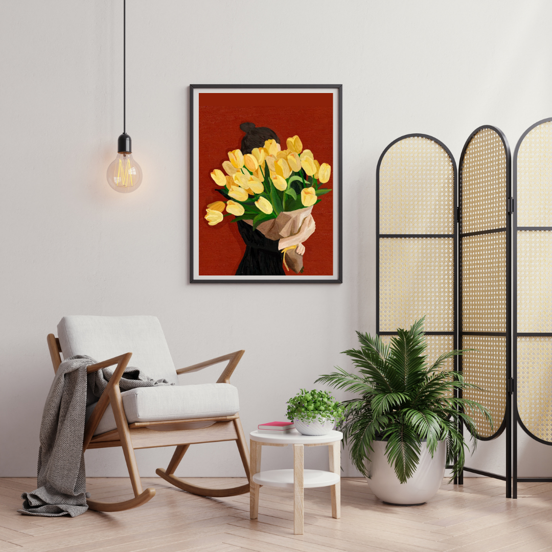 Golden Tulips Reverie Wall Poster | Minimalist Floral Art Print by Chilekotha
