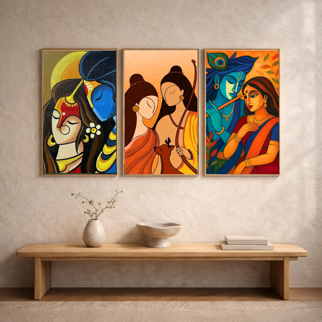 Divine Union – Radha Krishna & Sacred Love Framed Poster Set (3-Piece Combo)