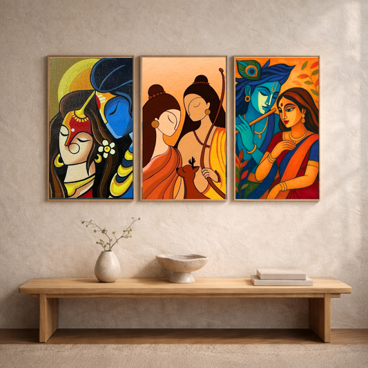 Divine Union – Radha Krishna & Sacred Love Framed Poster Set (3-Piece Combo)