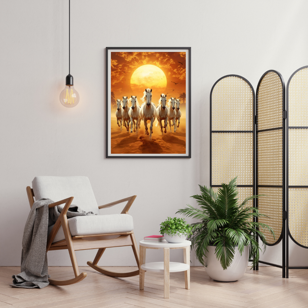 Golden Charge Wall Poster – White Horses at Sunset Power Art | Chilekotha