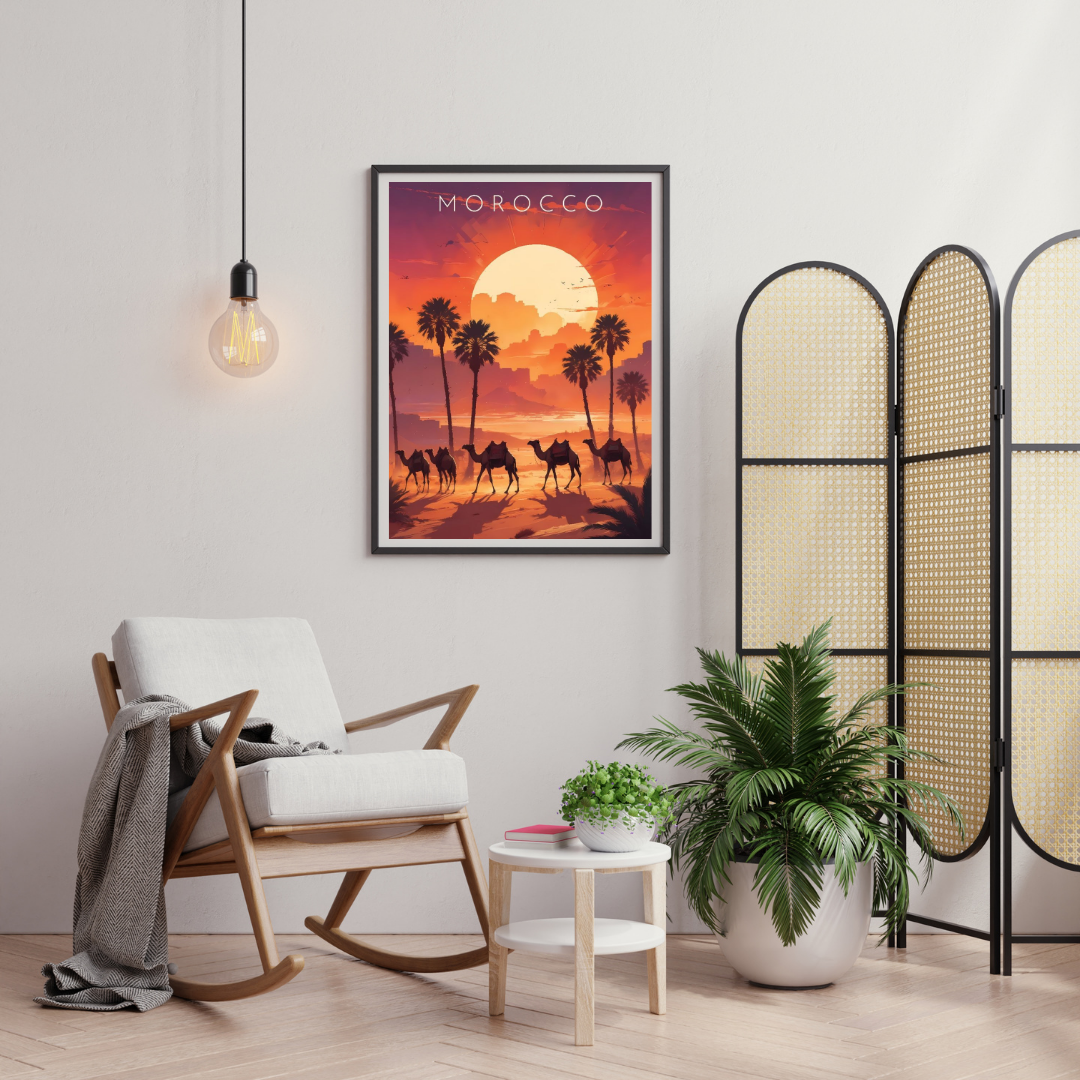 Morocco Desert Sunset Wall Poster | Camel Caravan & Palm Oasis Travel Art by Chilekotha