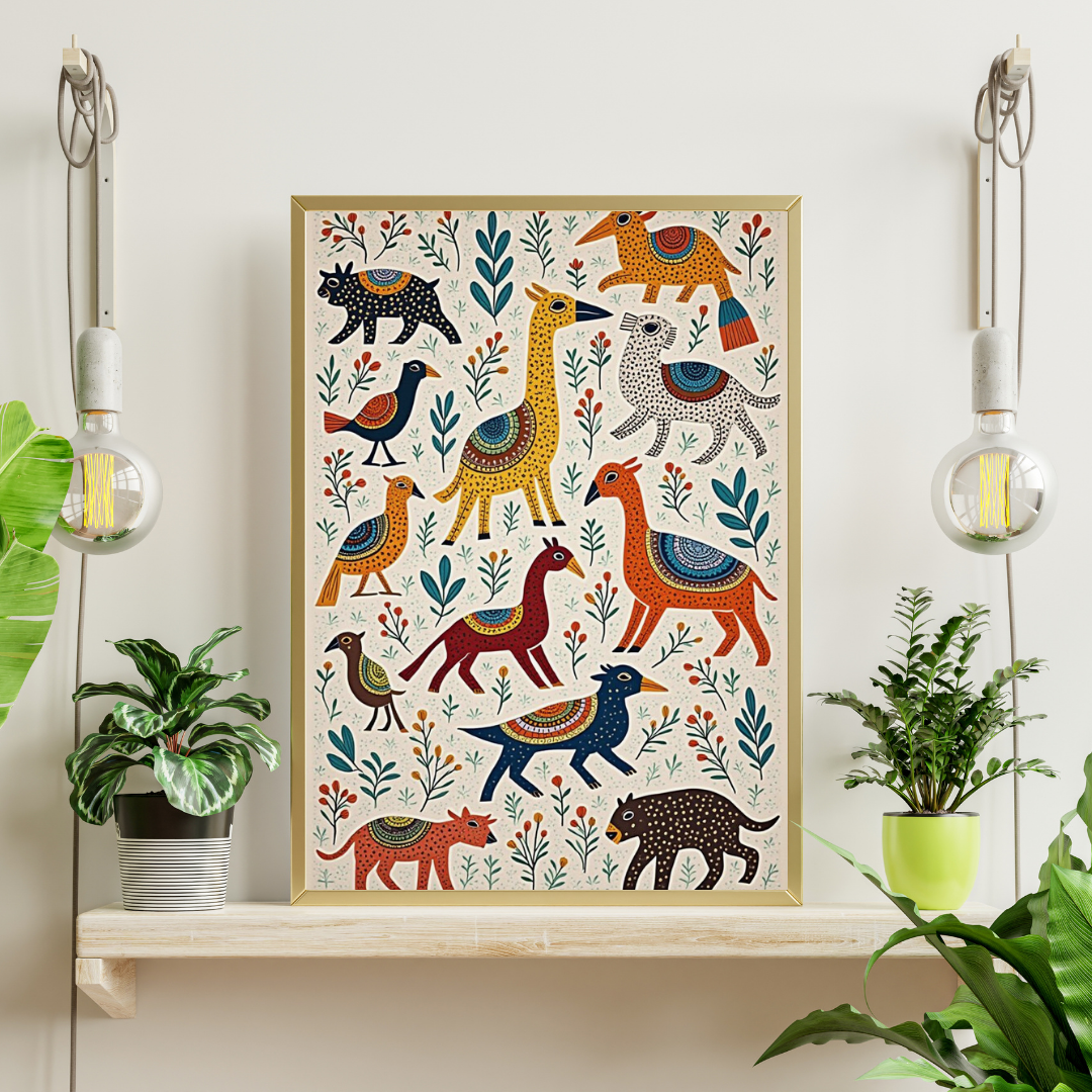 Whimsical Folk Animals Framed Poster | Handcrafted-Inspired Wall Art by Chilekotha