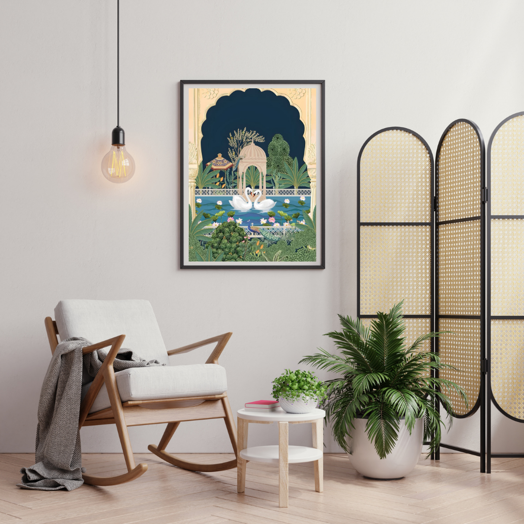 Eternal Garden of Swans Wall Poster | Royal Palace Serenity Art Print by Chilekotha
