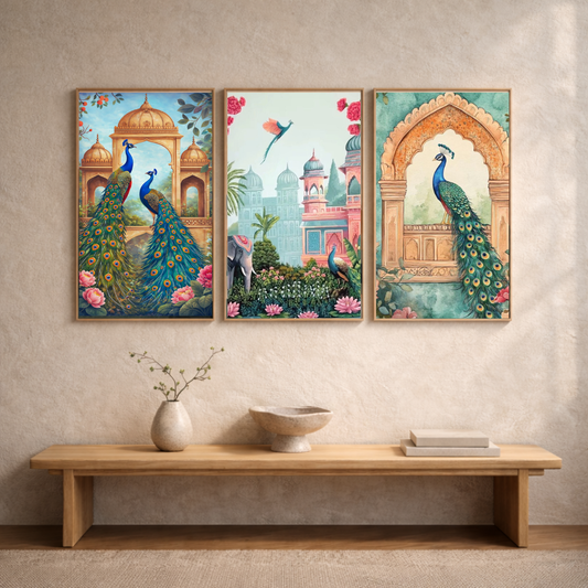 Royal Peacock Courtyard – Indian Heritage Framed Poster Set (3-Piece Combo)