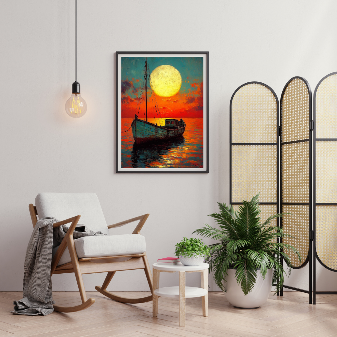 Moonlit Voyage – Serene Boat at Sunset Framed Wall Poster | Chilekotha