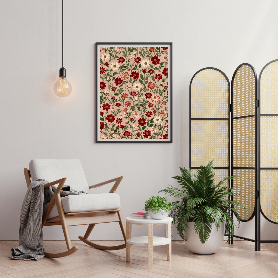 Crimson Meadow Floral Wall Poster | Vintage Botanical Pattern Art Print by Chilekotha