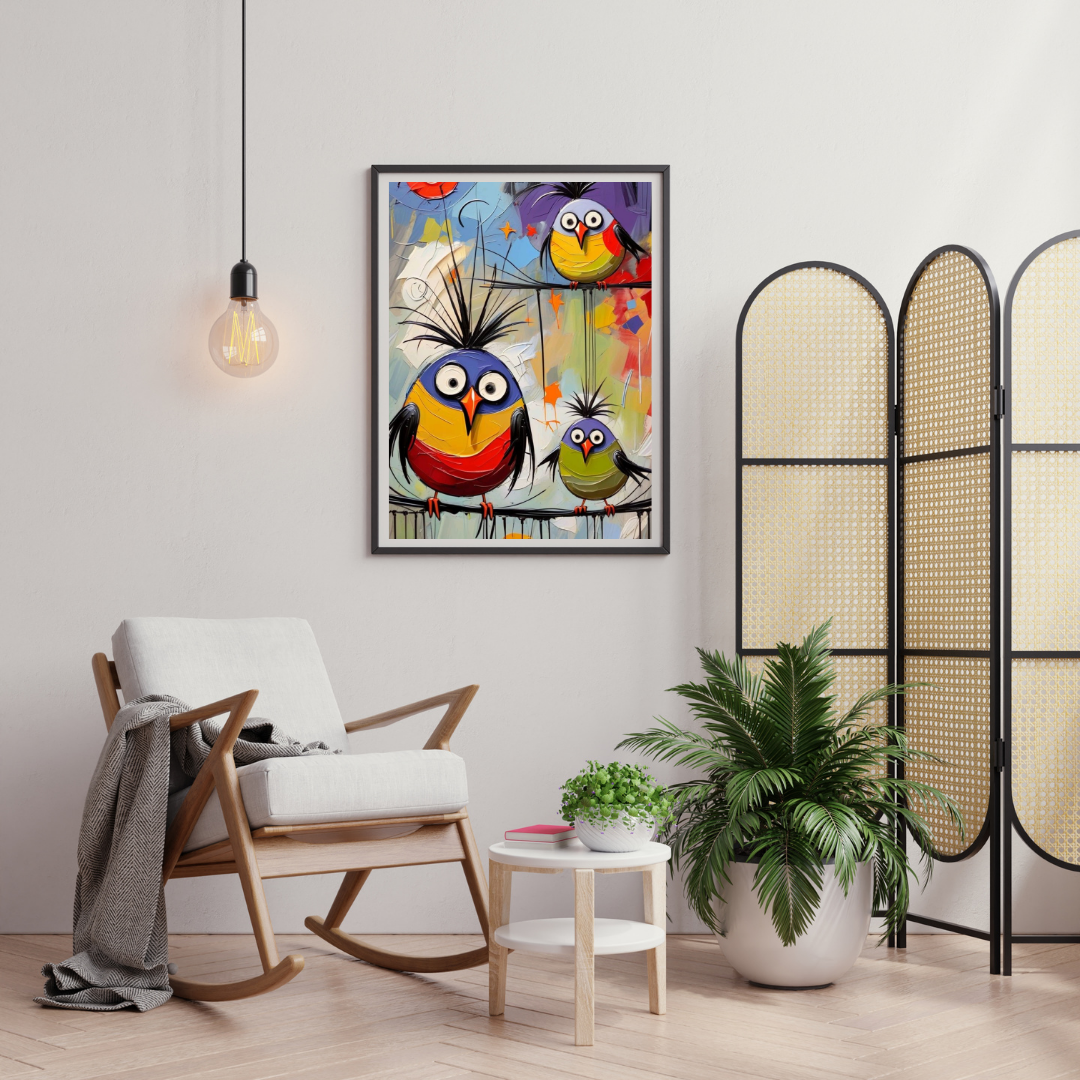 Whimsical Bird Trio Wall Poster – Playful Abstract Colorful Art for Happy Spaces | Chilekotha