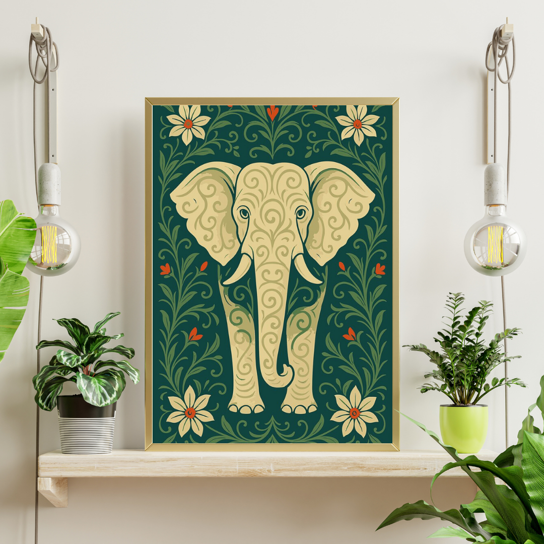 Sacred Elephant Folk Art Framed Poster | Symbol of Wisdom & Prosperity by Chilekotha