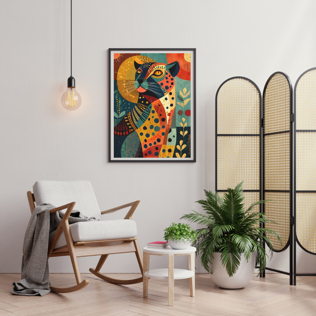 Sacred Leopard Geometry Wall Poster – Modern Tribal Animal Art with Earthy Tones | Chilekotha