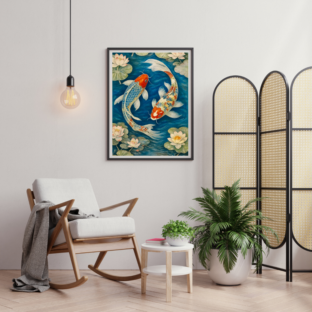 Twin Koi Harmony Wall Poster | Lotus & Koi Fish Zen Art Print by Chilekotha