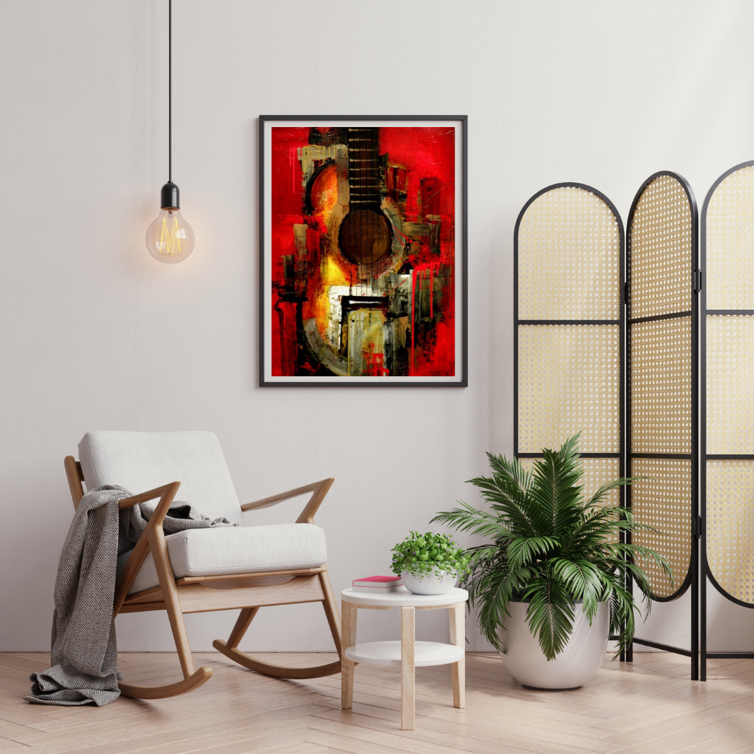Crimson Strings – Abstract Guitar Art Framed Poster | Chilekotha