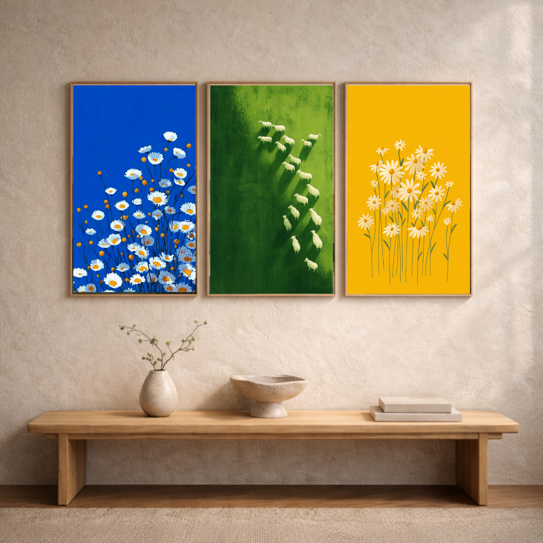 Nature in Balance – Modern Botanical & Pastoral Framed Poster Set (3-Piece Combo)
