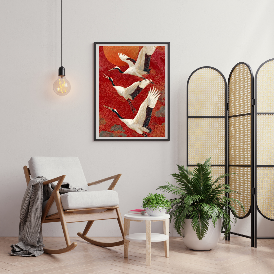 Crimson Flight Wall Poster | Graceful Cranes & Rising Sun Art Print by Chilekotha