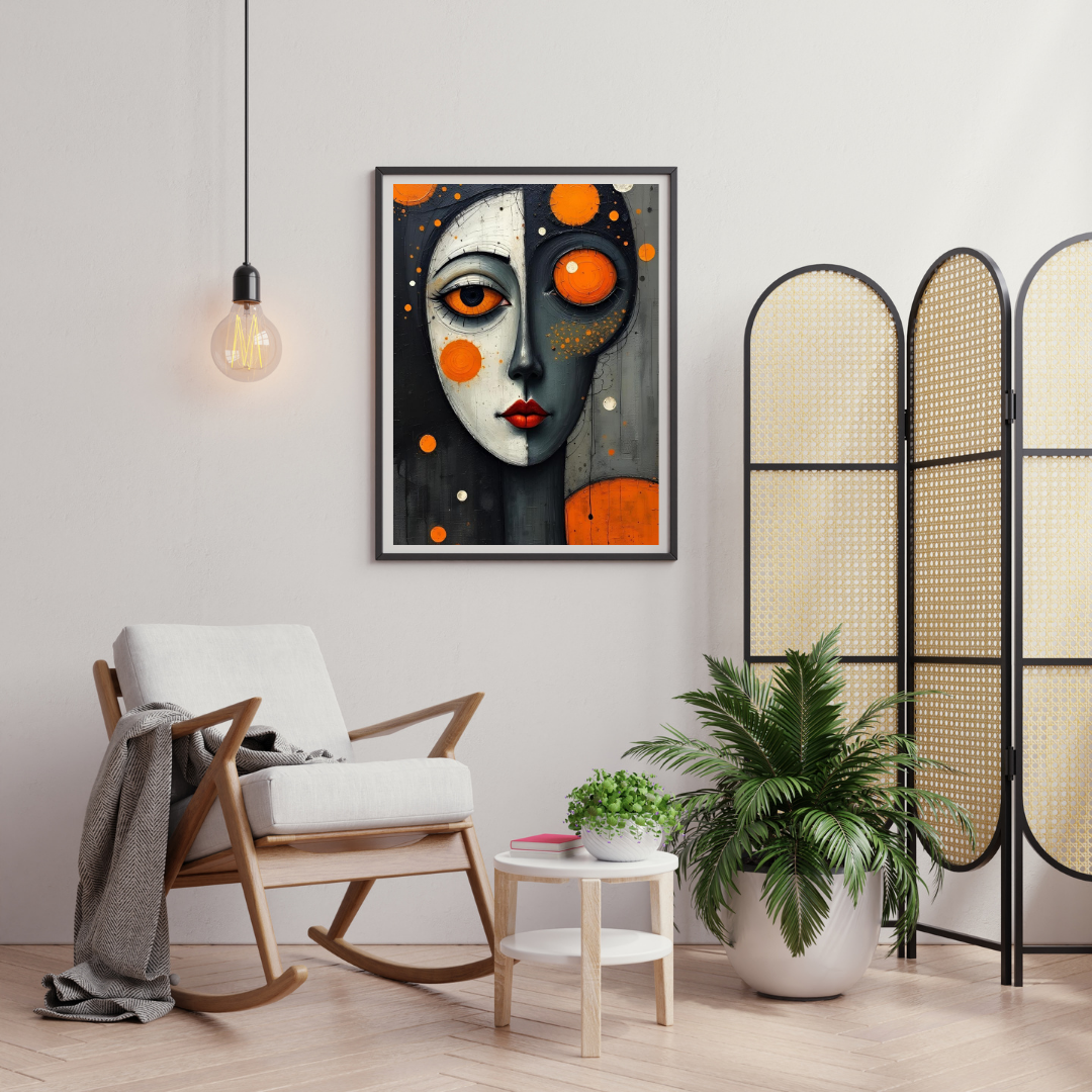 Duality of Silence Wall Poster – Abstract Surreal Face Art with Orange Accents | Chilekotha