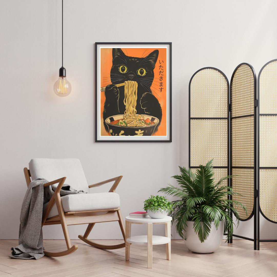 Midnight Noodles – Whimsical Cat Ramen Wall Poster