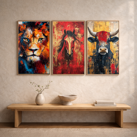 Spirit of Strength – Majestic Wildlife Abstract Framed Poster Set (3-Piece Combo)