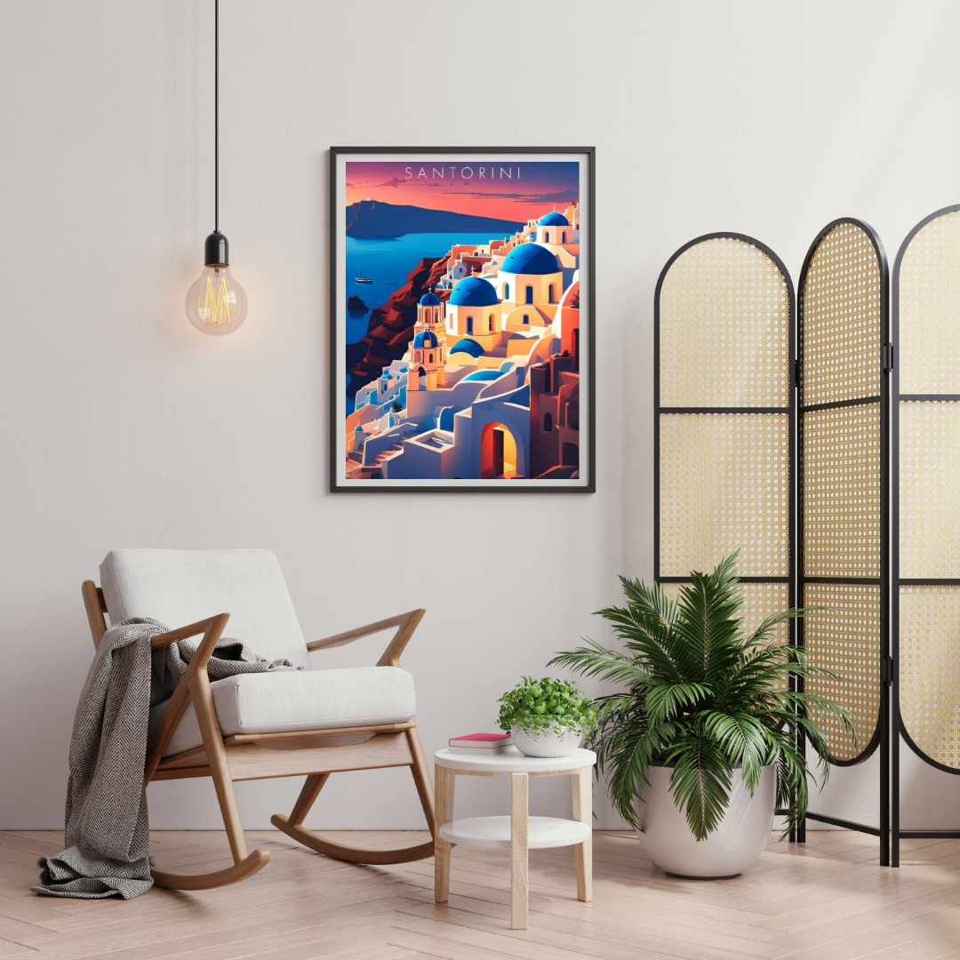 Santorini Sunset Cliffside Wall Poster | Mediterranean Travel Art Print by Chilekotha