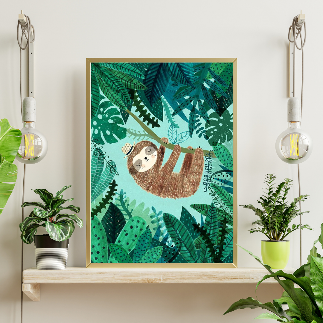 Sleepy Sloth in the Jungle Framed Poster | Whimsical Kids Wall Art by Chilekotha