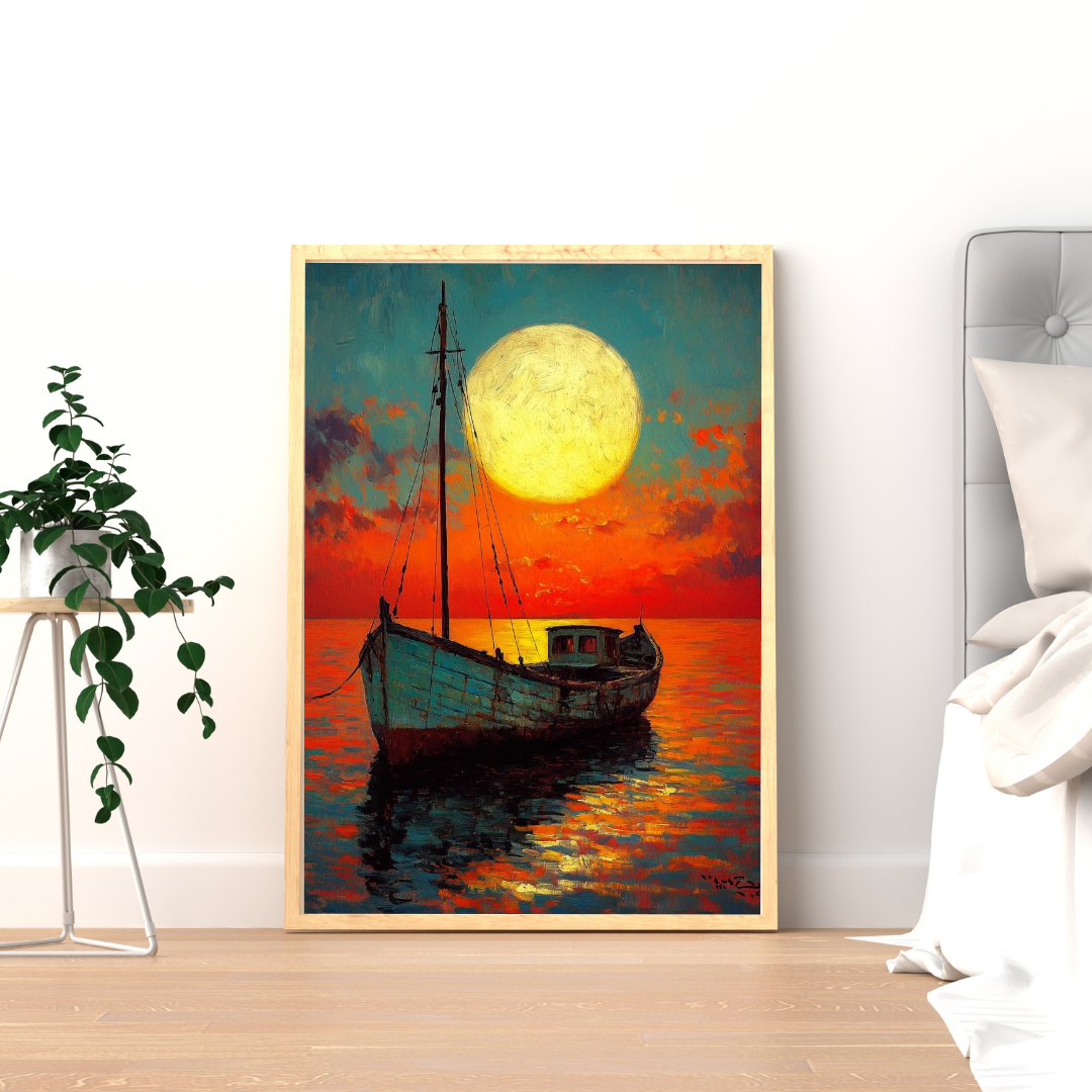 Moonlit Voyage – Serene Boat at Sunset Framed Wall Poster | Chilekotha