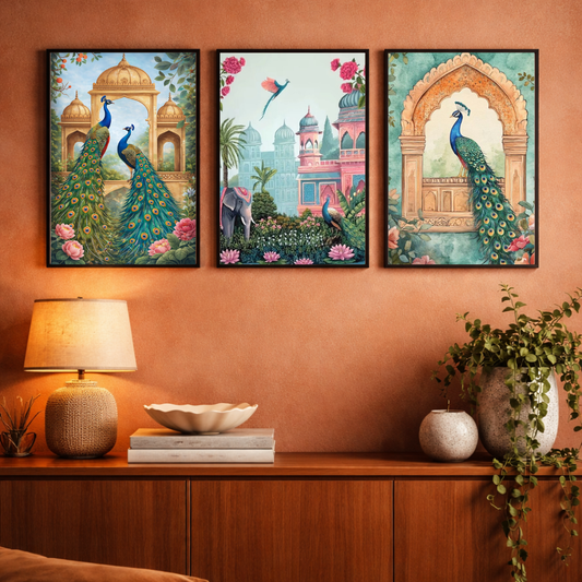 Royal Peacock Courtyard – Indian Heritage Framed Poster Set (3-Piece Combo)