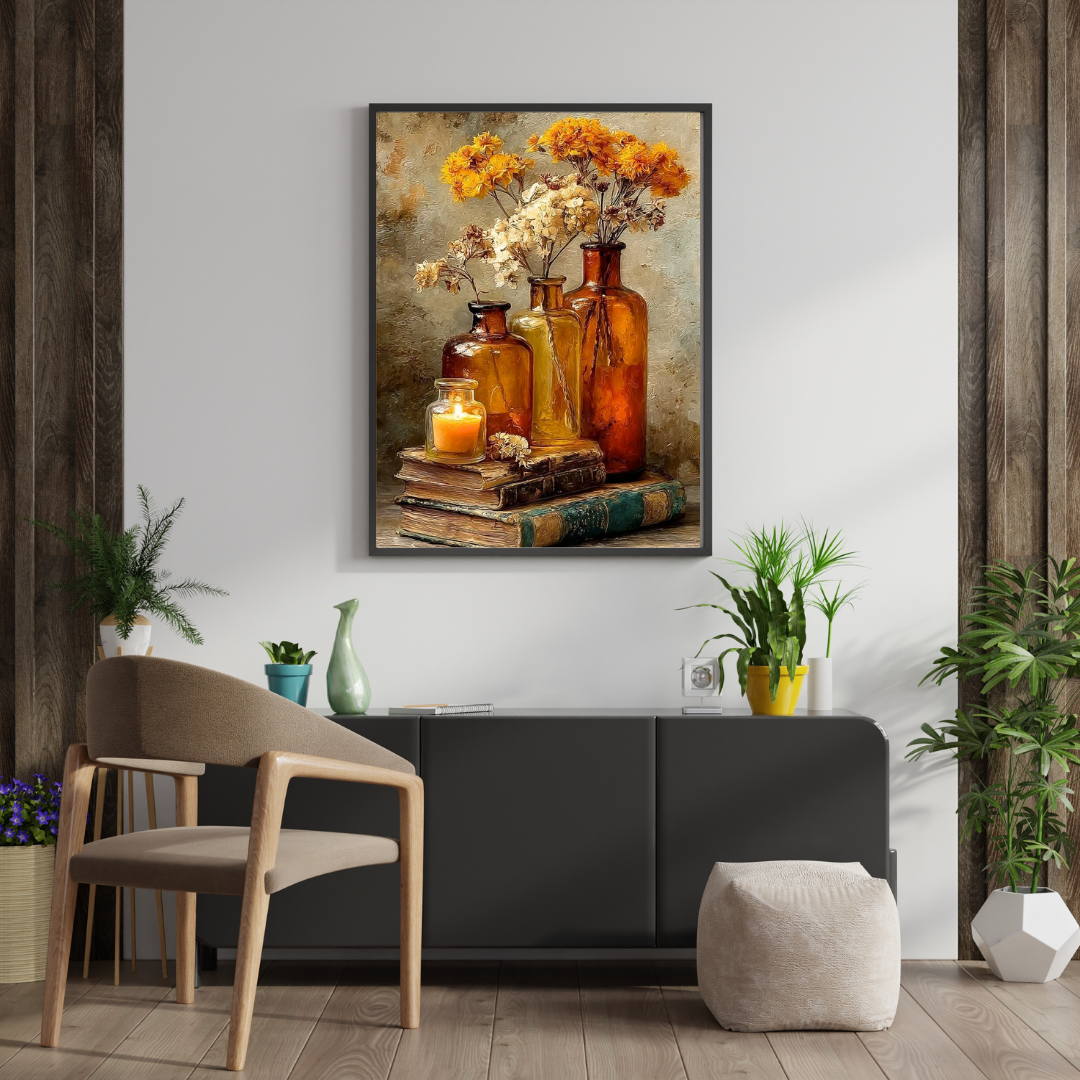 Golden Stillness – Vintage Floral Framed Poster