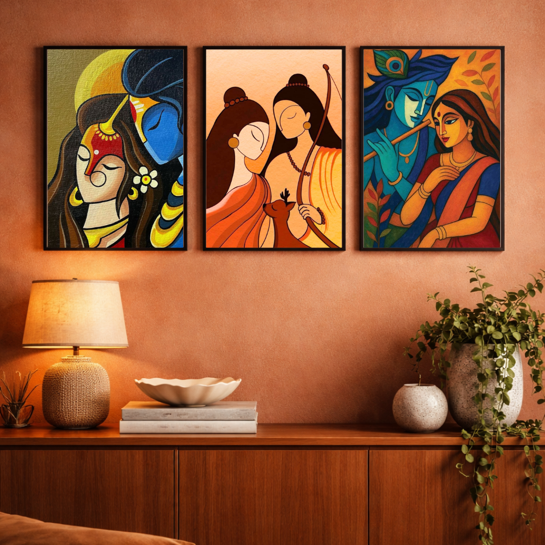 Divine Union – Radha Krishna & Sacred Love Framed Poster Set (3-Piece Combo)