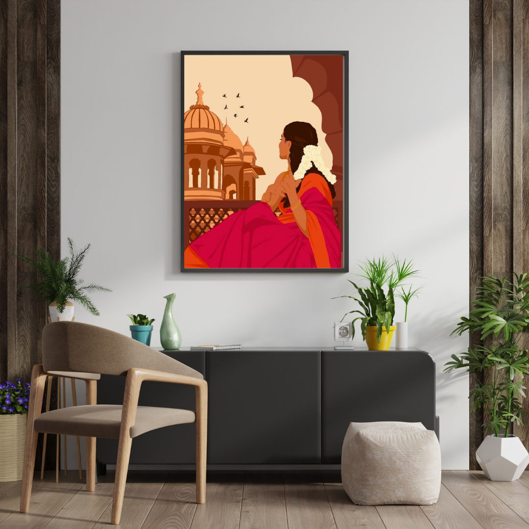 Heritage Reverie Framed Poster | Indian Woman & Palace Art by Chilekotha