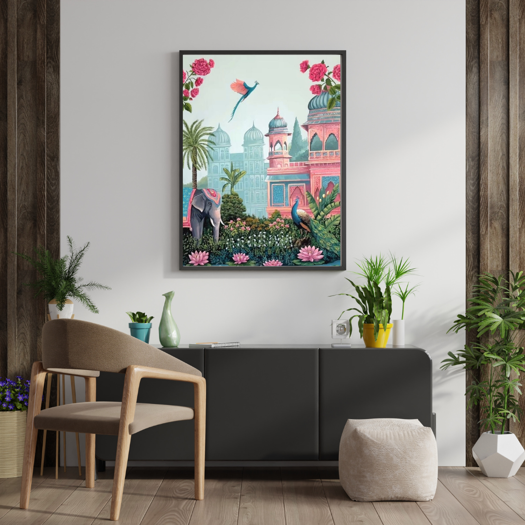 Palace Garden Reverie Framed Poster | Indian Heritage Wall Art by Chilekotha