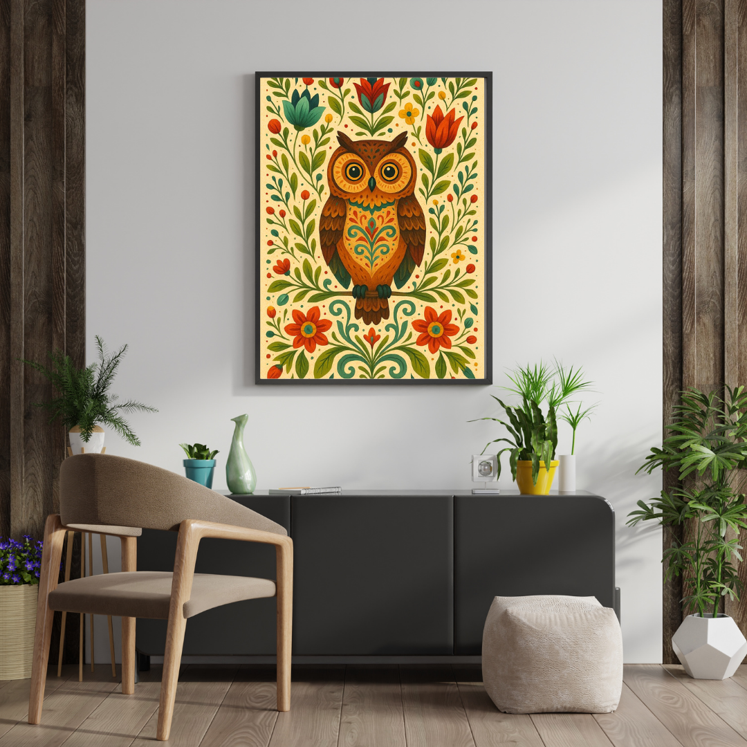 Folk Owl Garden Framed Poster | Symbol of Wisdom & Harmony by Chilekotha