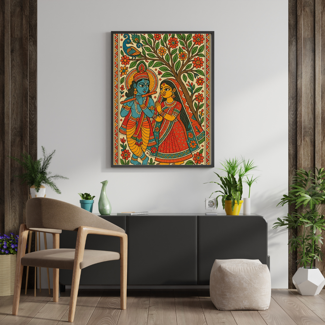 Divine Harmony | Radha Krishna Madhubani Framed Art Poster