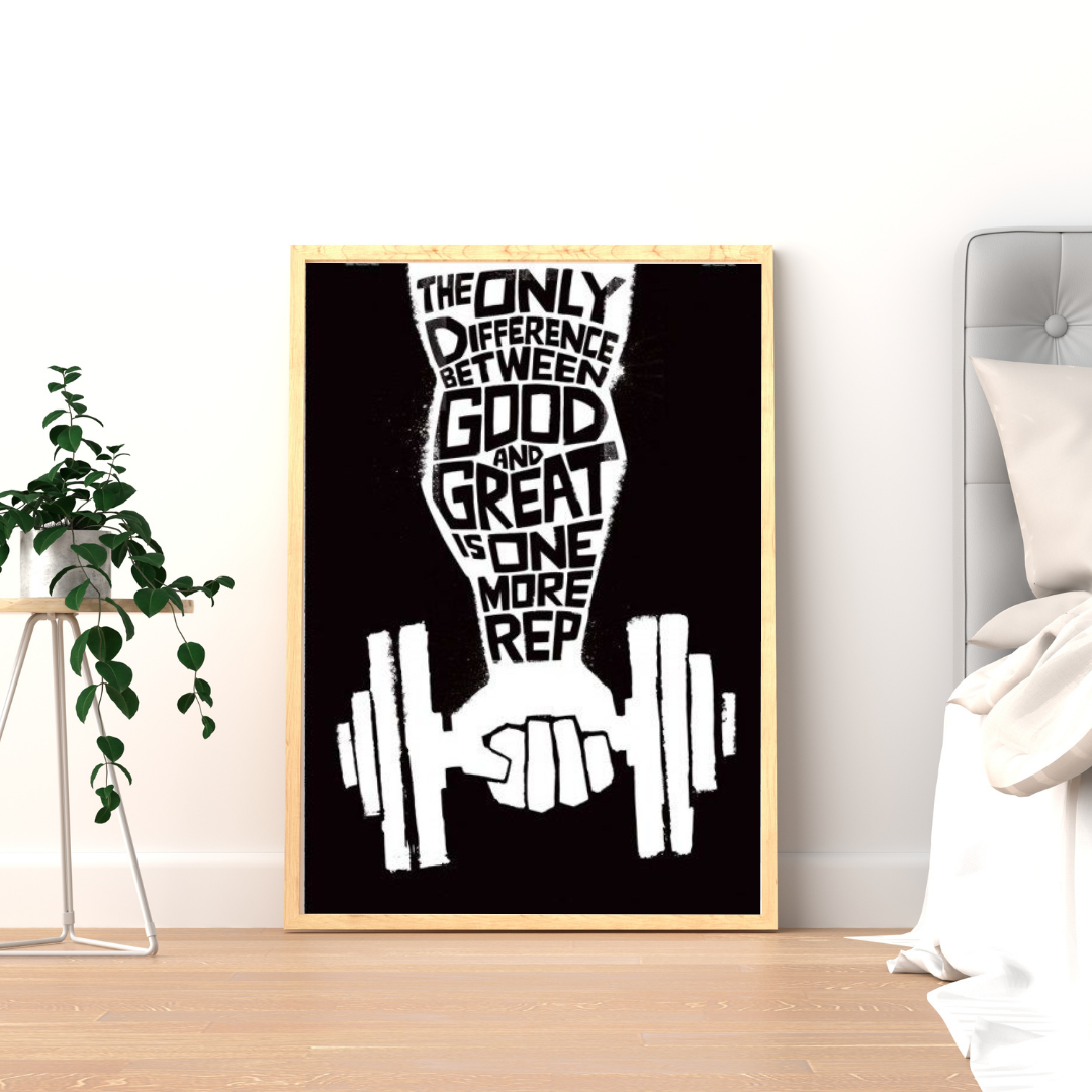 One More Rep – Motivational Gym Quote Framed Poster | Black & White Fitness Wall Art by Chilekotha