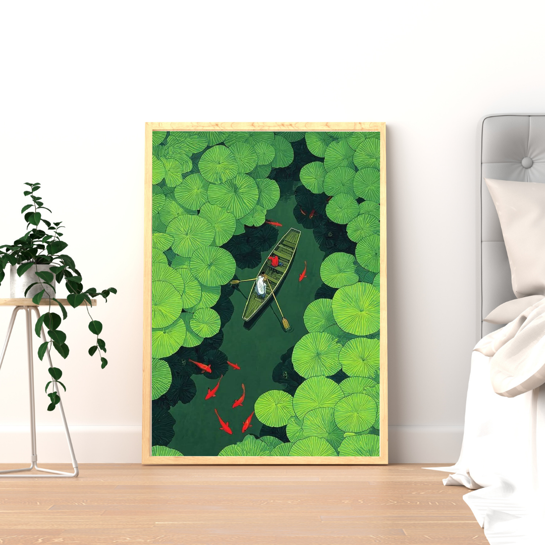 Lotus Passage Wall Poster | Serene Water Journey Art Print by Chilekotha
