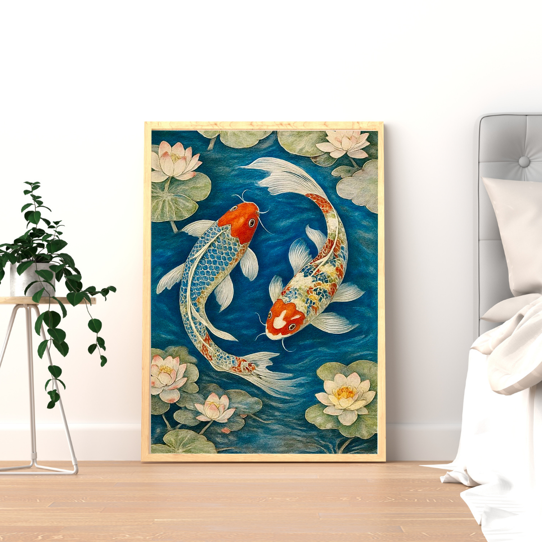 Twin Koi Harmony Wall Poster | Lotus & Koi Fish Zen Art Print by Chilekotha