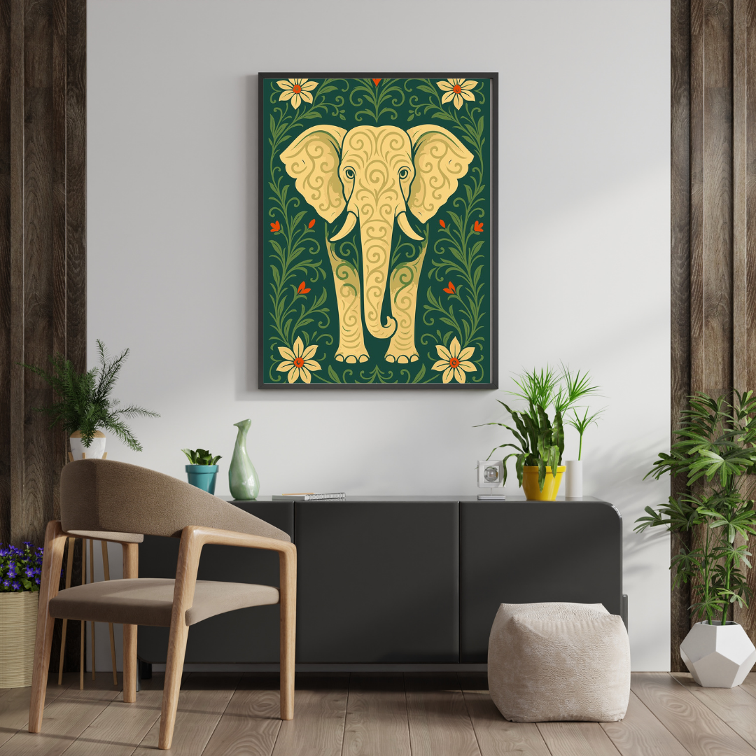 Sacred Elephant Folk Art Framed Poster | Symbol of Wisdom & Prosperity by Chilekotha
