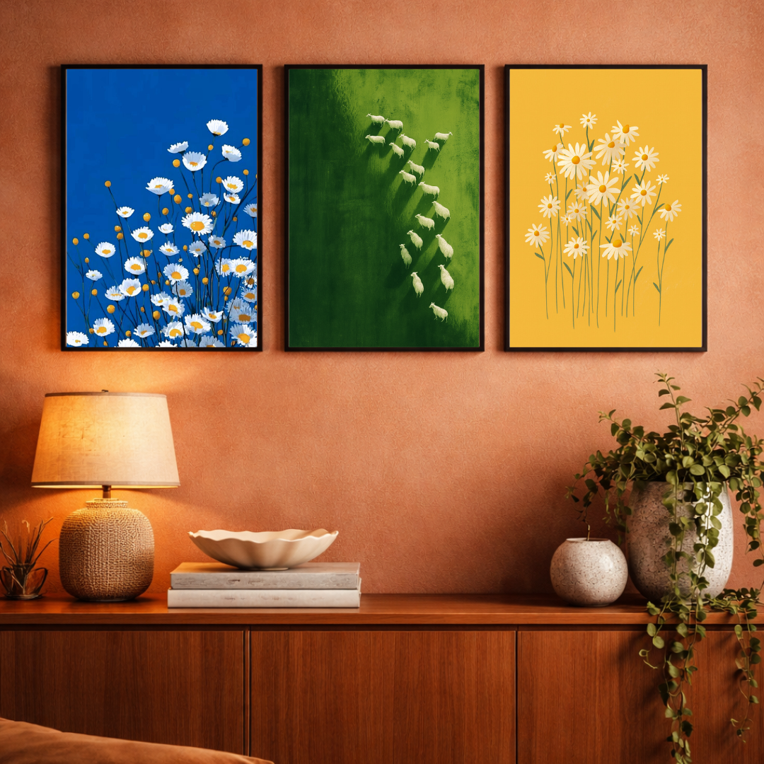 Nature in Balance – Modern Botanical & Pastoral Framed Poster Set (3-Piece Combo)