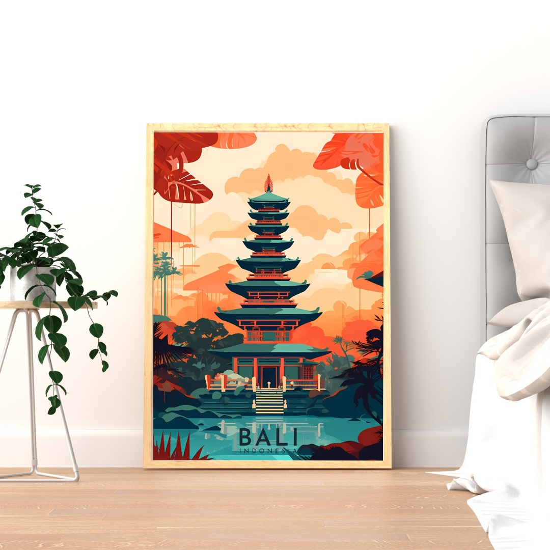 Bali Serenity Temple Wall Poster | Tropical Travel Art Print by Chilekotha