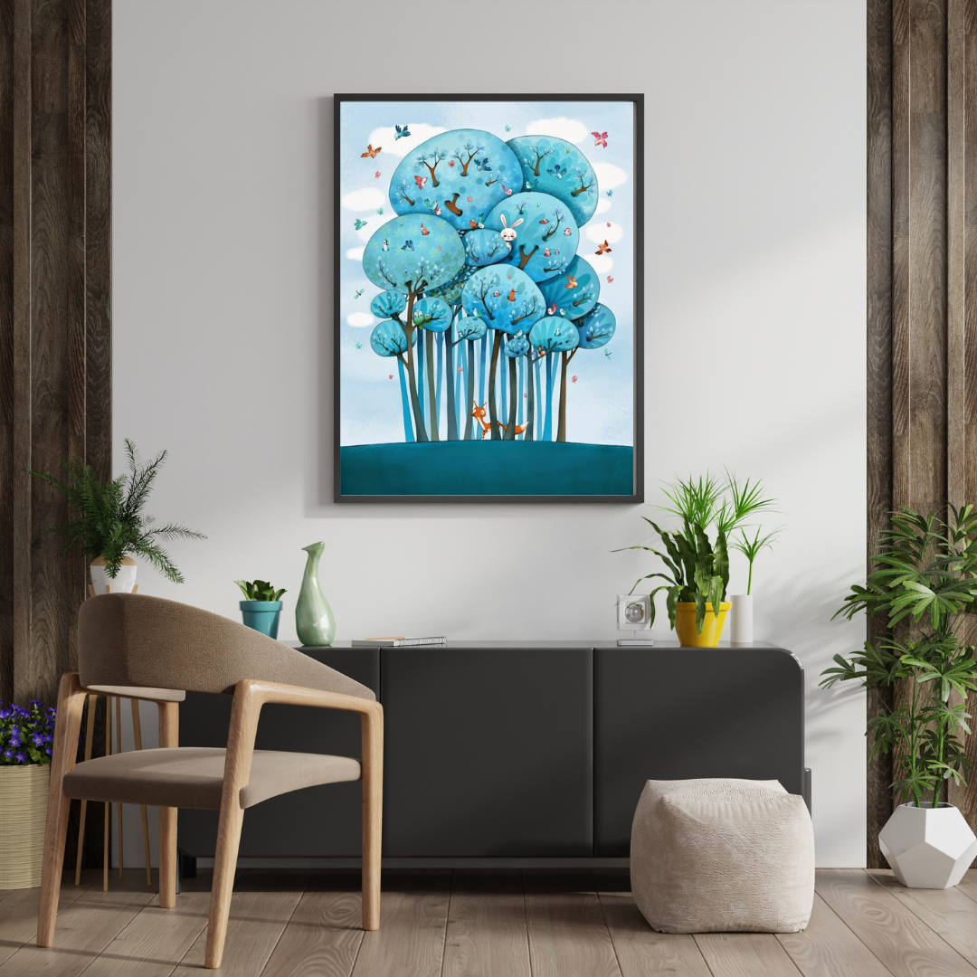 Enchanted Blue Forest Framed Poster | Whimsical Nature Art Wall Décor by Chilekotha
