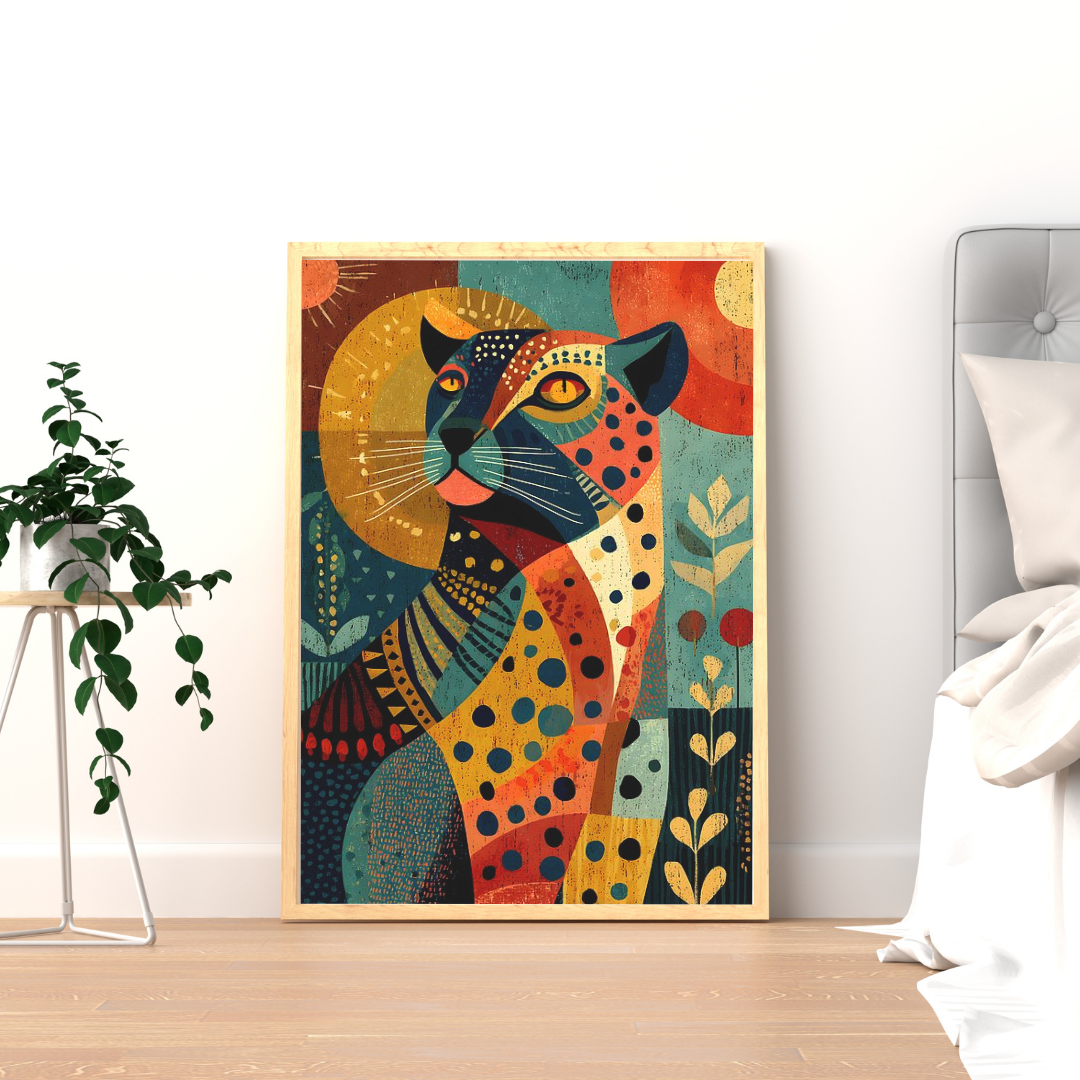 Sacred Leopard Geometry Wall Poster – Modern Tribal Animal Art with Earthy Tones | Chilekotha
