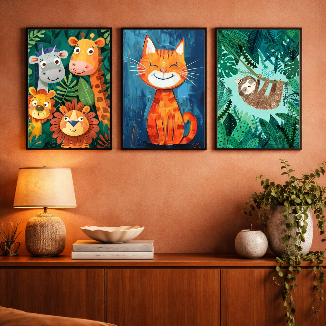 Whimsical Jungle Friends – Kids Wall Art Framed Poster Set (3-Piece Combo)