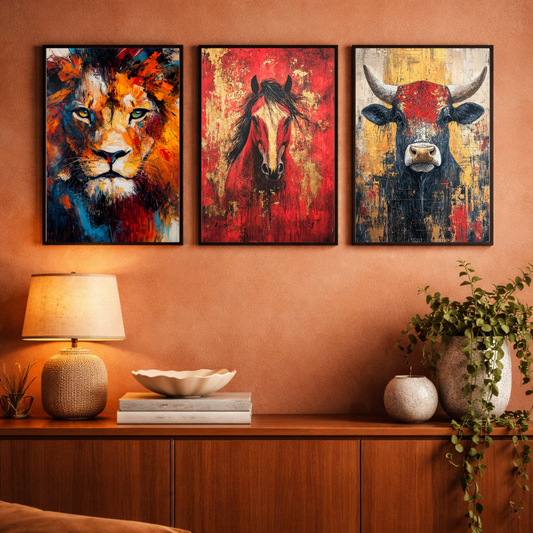 Spirit of Strength – Majestic Wildlife Abstract Framed Poster Set (3-Piece Combo)