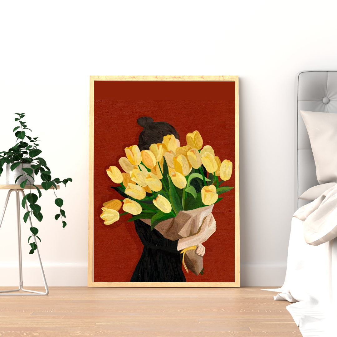 Golden Tulips Reverie Wall Poster | Minimalist Floral Art Print by Chilekotha
