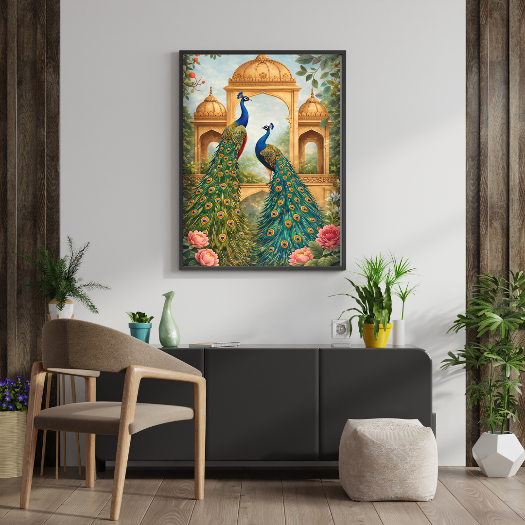 Royal Peacock Court Framed Poster | Indian Palace Wall Art by Chilekotha