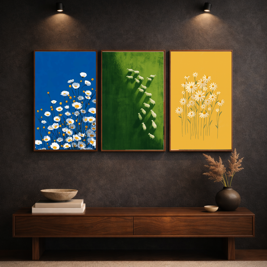 Nature in Balance – Modern Botanical & Pastoral Framed Poster Set (3-Piece Combo)
