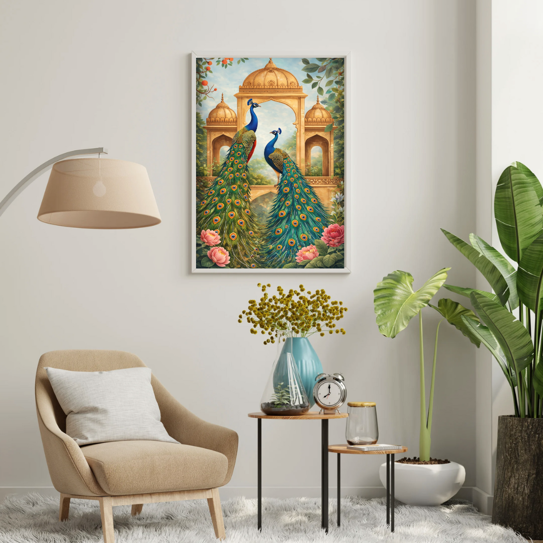 Royal Peacock Court Framed Poster | Indian Palace Wall Art by Chilekotha