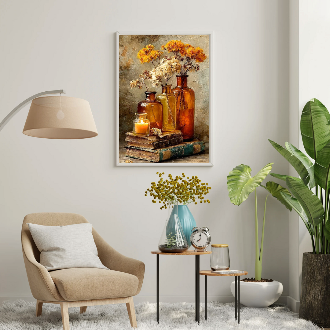 Golden Stillness – Vintage Floral Framed Poster