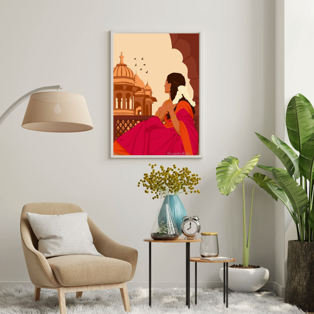 Heritage Reverie Framed Poster | Indian Woman & Palace Art by Chilekotha