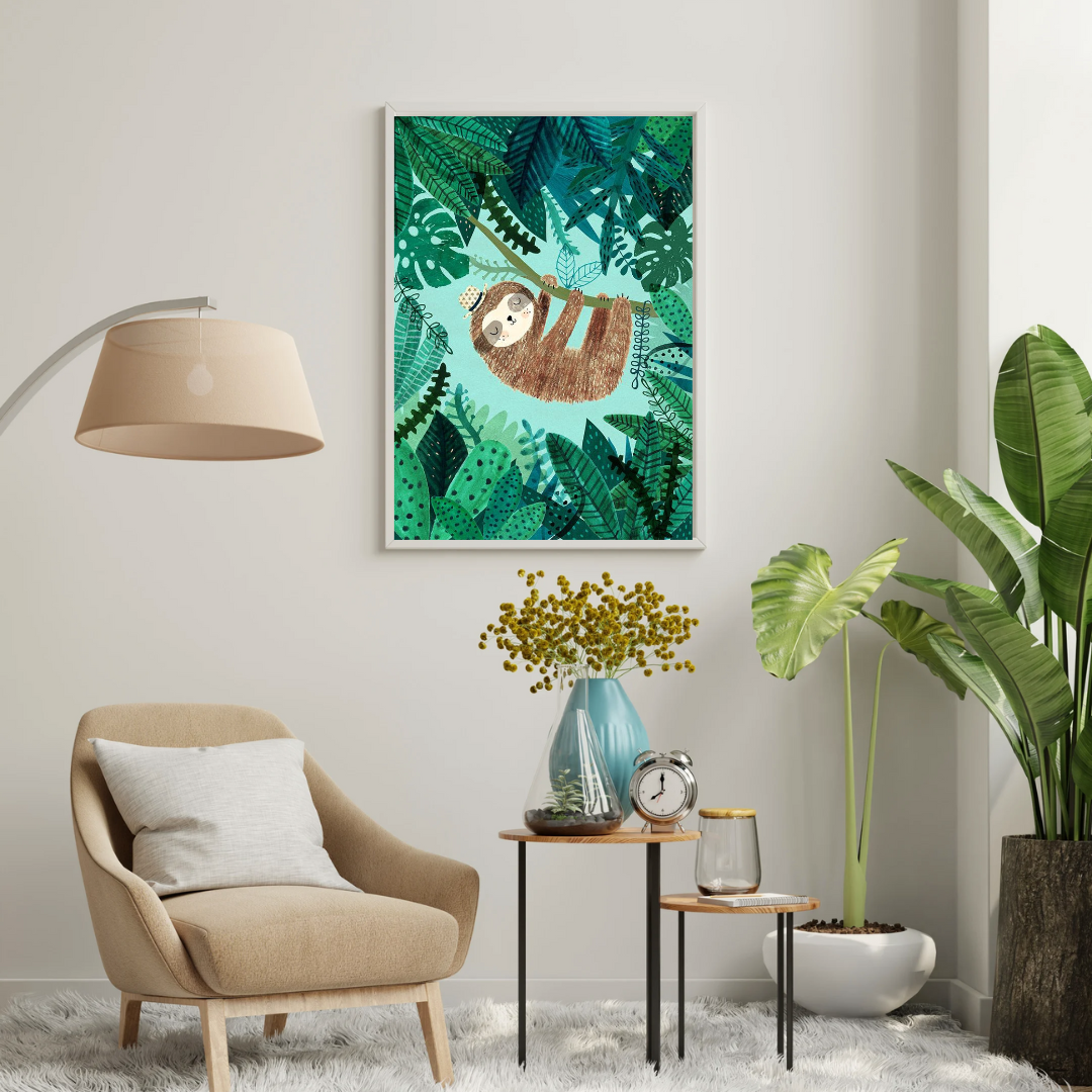 Sleepy Sloth in the Jungle Framed Poster | Whimsical Kids Wall Art by Chilekotha